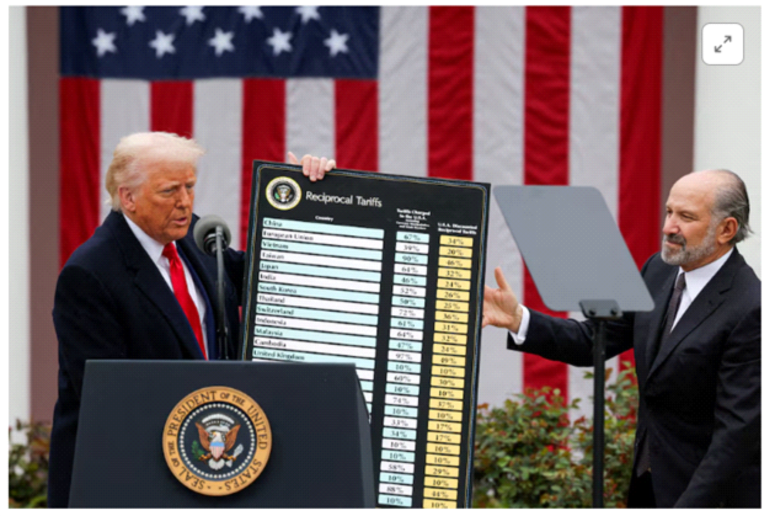 .S. President Donald Trump holds a chart next to U.S. Secretary of Commerce Howard Lutnick
