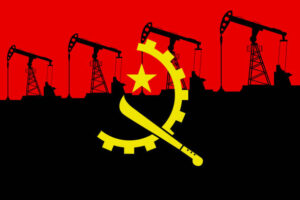 Oil pump on background of flag of Angola. Vector illustration